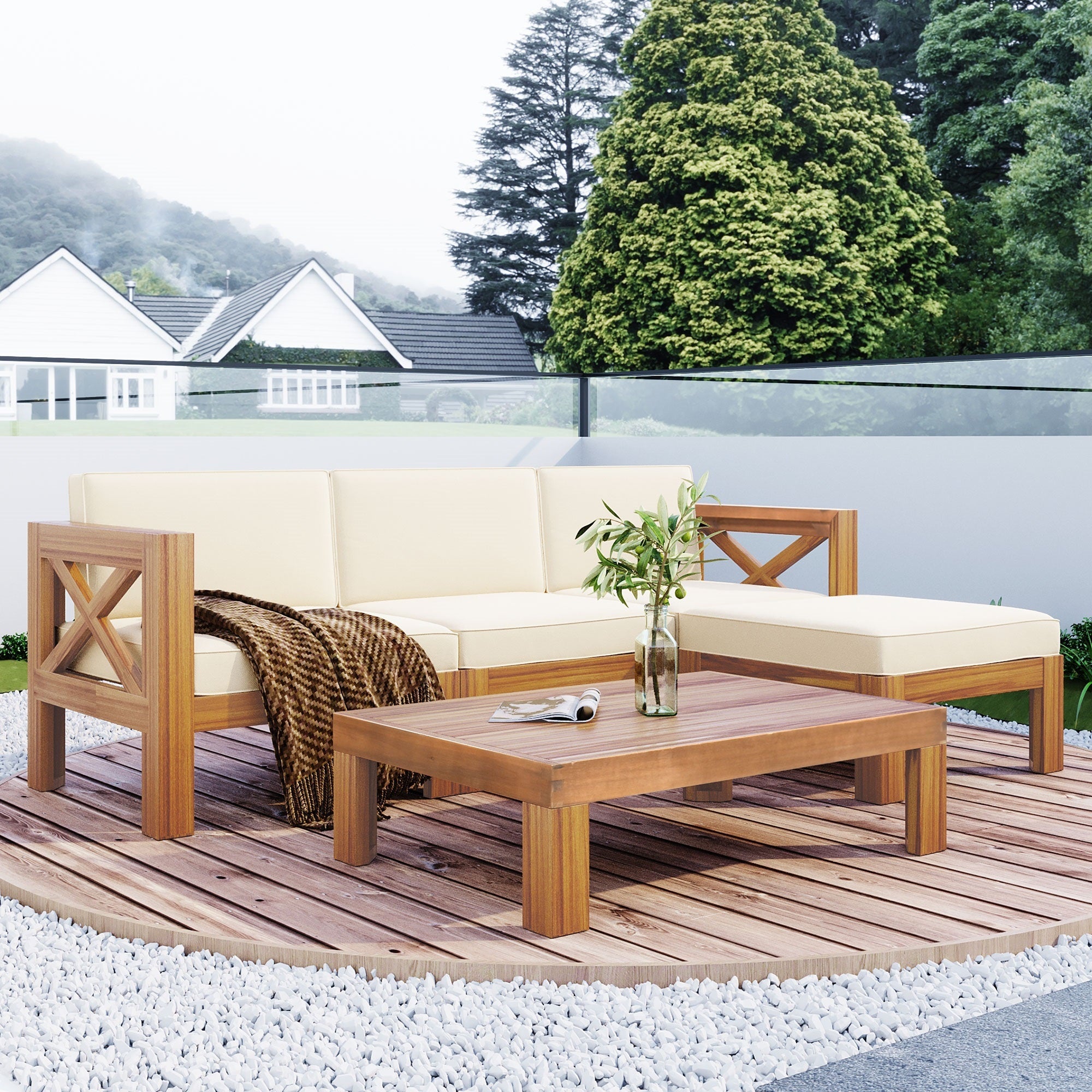 Walker Edison Modular Wood Outdoor Patio Sectional Sofa - Thumbnail 2