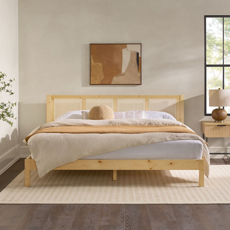 Yasmina Solid Wood Rattan Paneled Platform Bed (Queen or King) Bedroom Walker Edison King Natural 