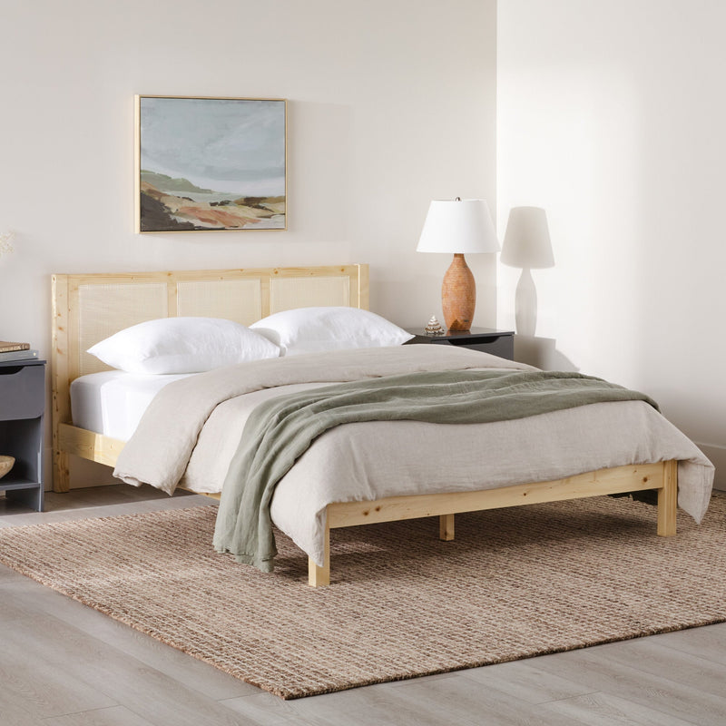 Solid Wood Rattan Paneled Platform Queen Bed Living Room Walker Edison Natural 