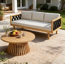Outdoor Rope Detail Teak Wood 3 Seater Sofa Daybed Set with Light Grey Cushions & Table