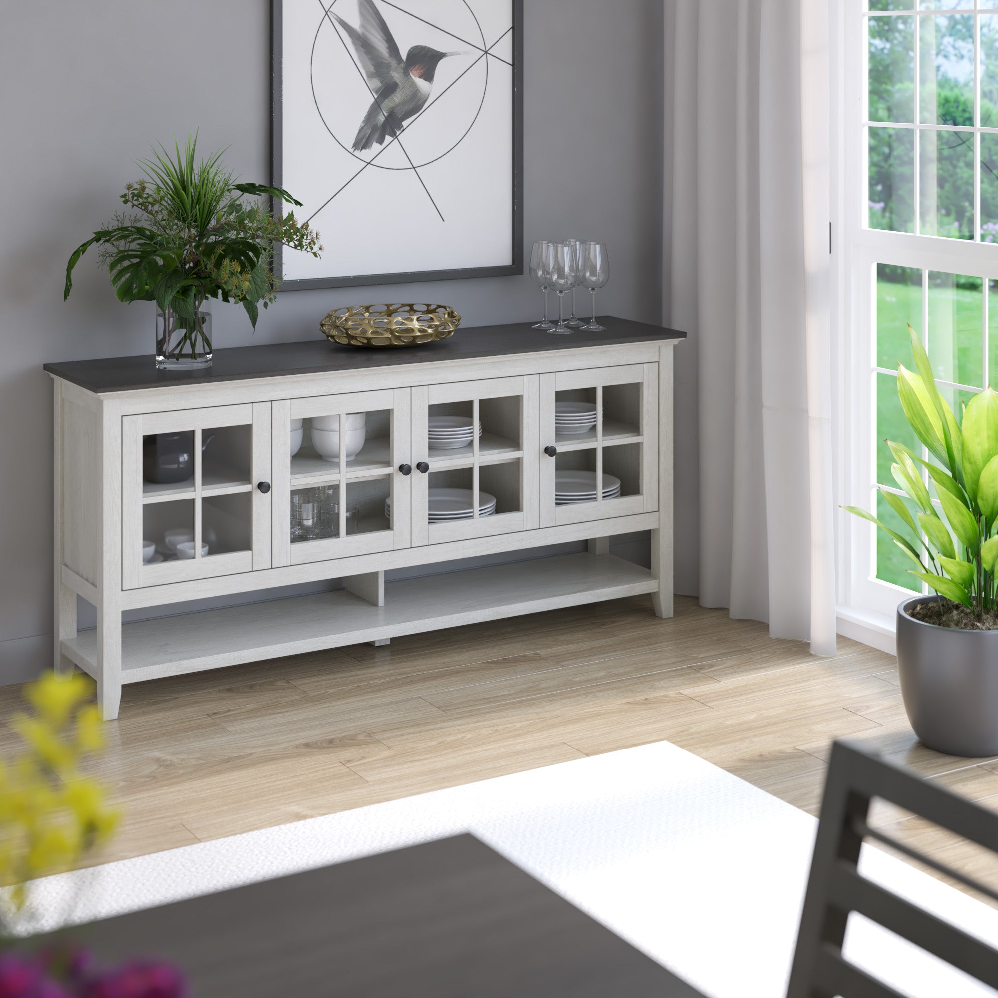 EDWIN ディスプレイ　アンティーク Traditional Farmhouse Windowpane Glass Doors Buffet Sideboard