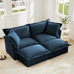Walker Edison | Deep Seat Blue Slipcovered Loveseat Sofa with Two Ottomans Thumbnail