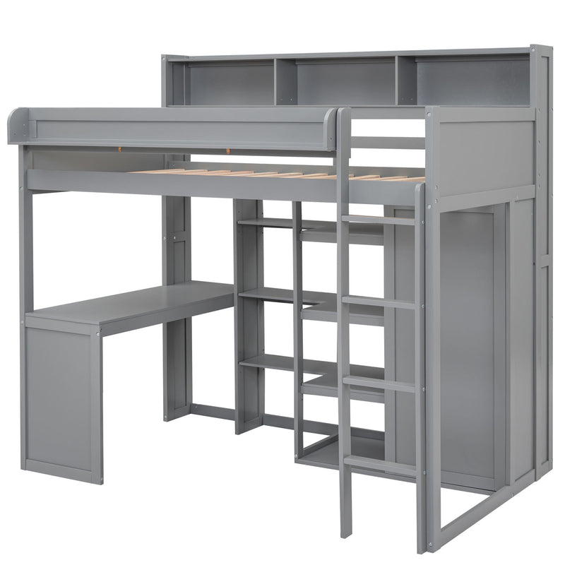 Walker Edison | Wood Twin Size Loft bed with Storage and Wardrobe