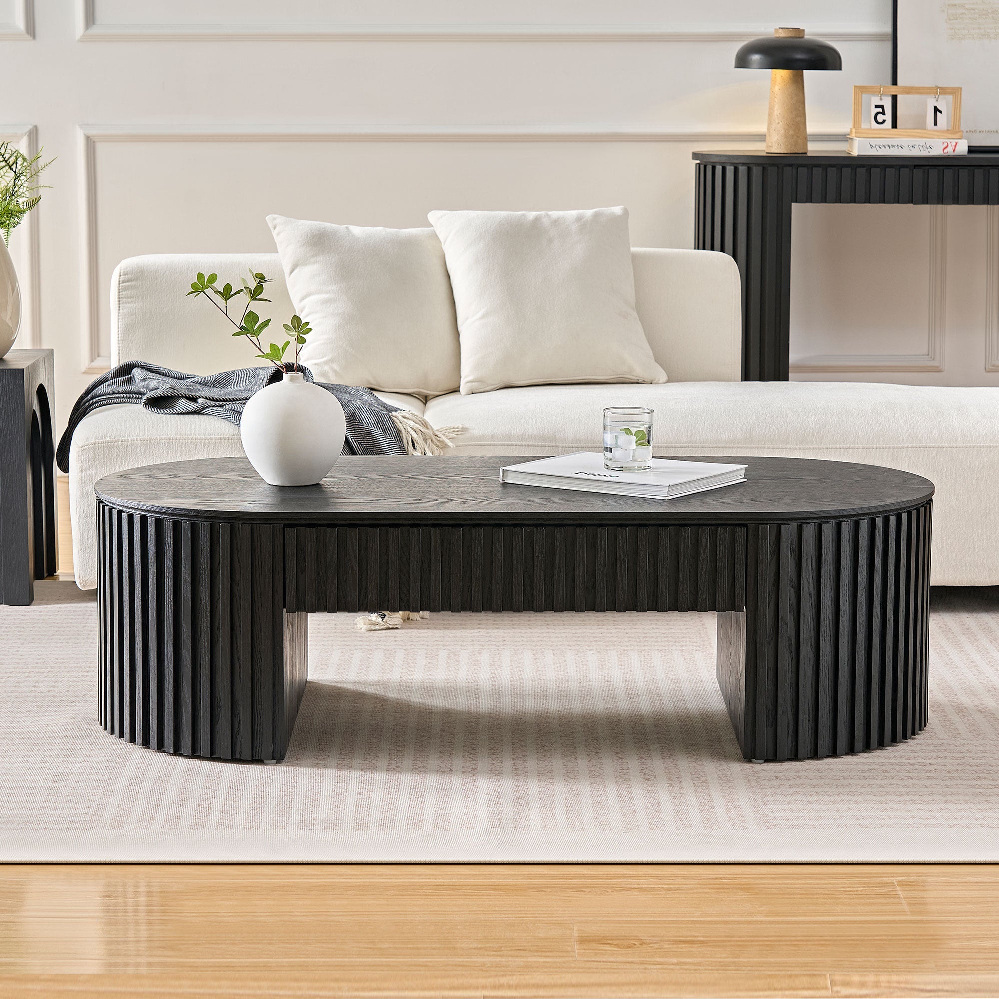 Reeded Black Oval Wood Coffee Table With Drawer – Walker Edison