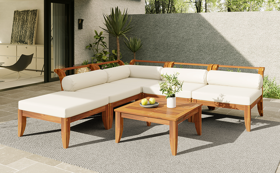 Walker Edison | Acacia Wood Outdoor Modular 6 Piece Sectional Sofa Set