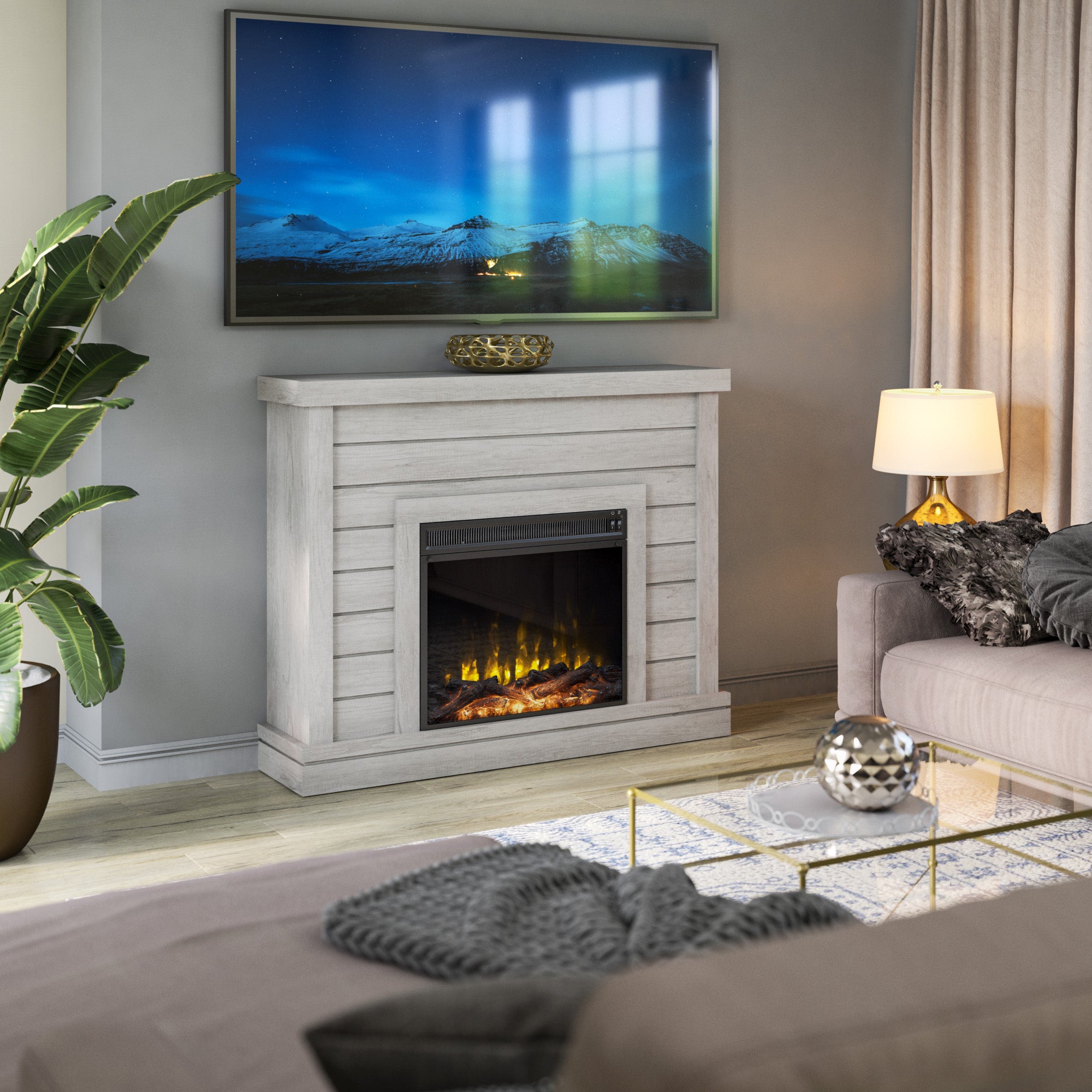 Farmhouse Shiplap Wall Mantel with Electric Fireplace – Walker Edison