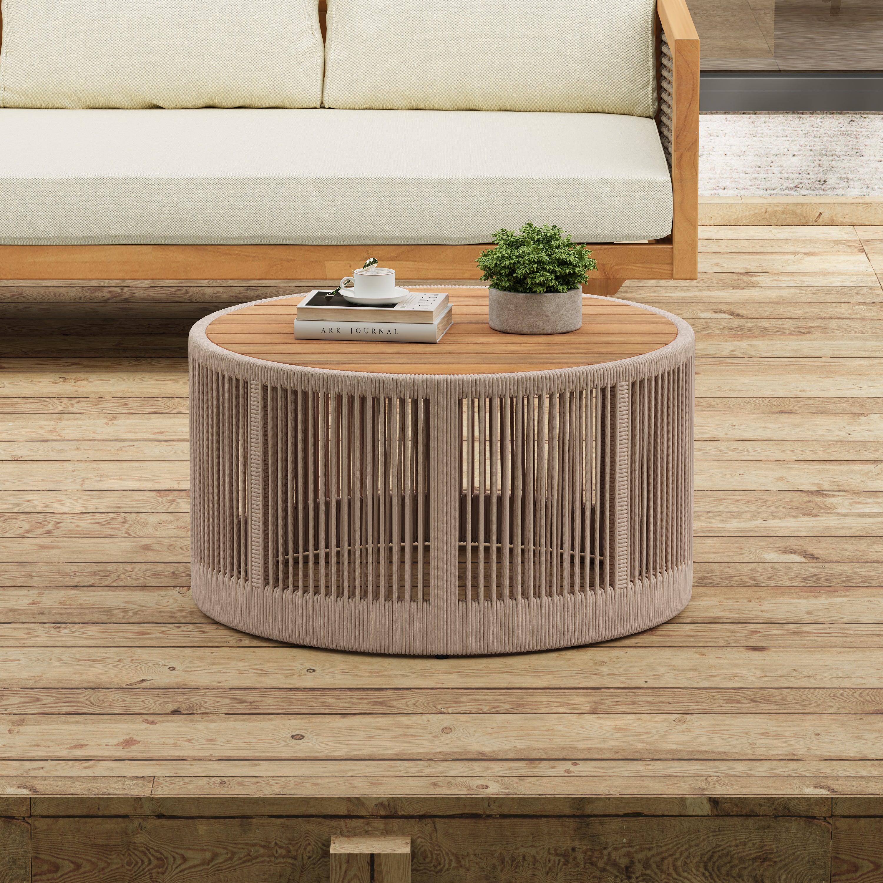 Walker Edison | Modern Woven Rope Design Coffee Table and Side Table S
