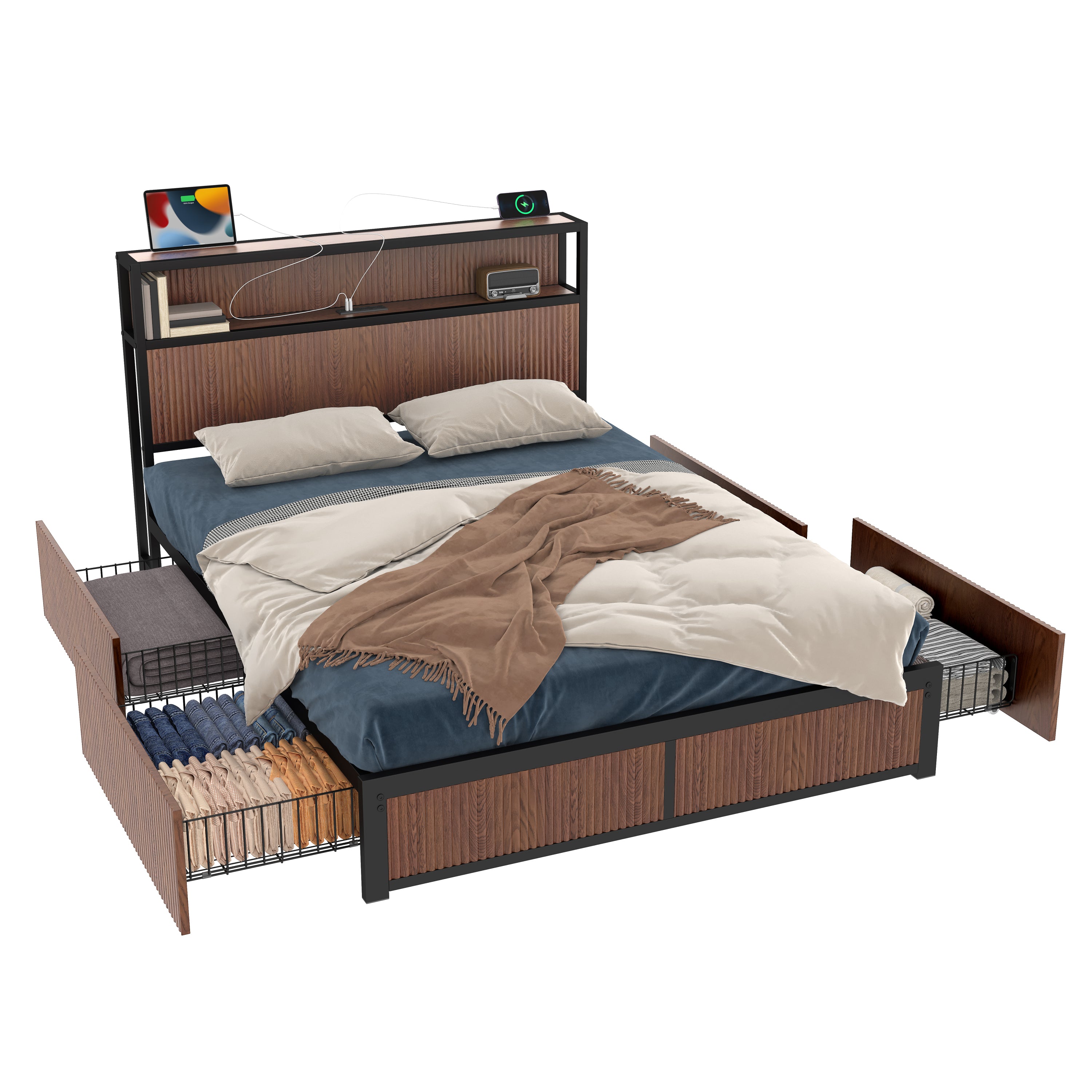 Walker Edison Fluted Pattern Wood Storage Bedframe