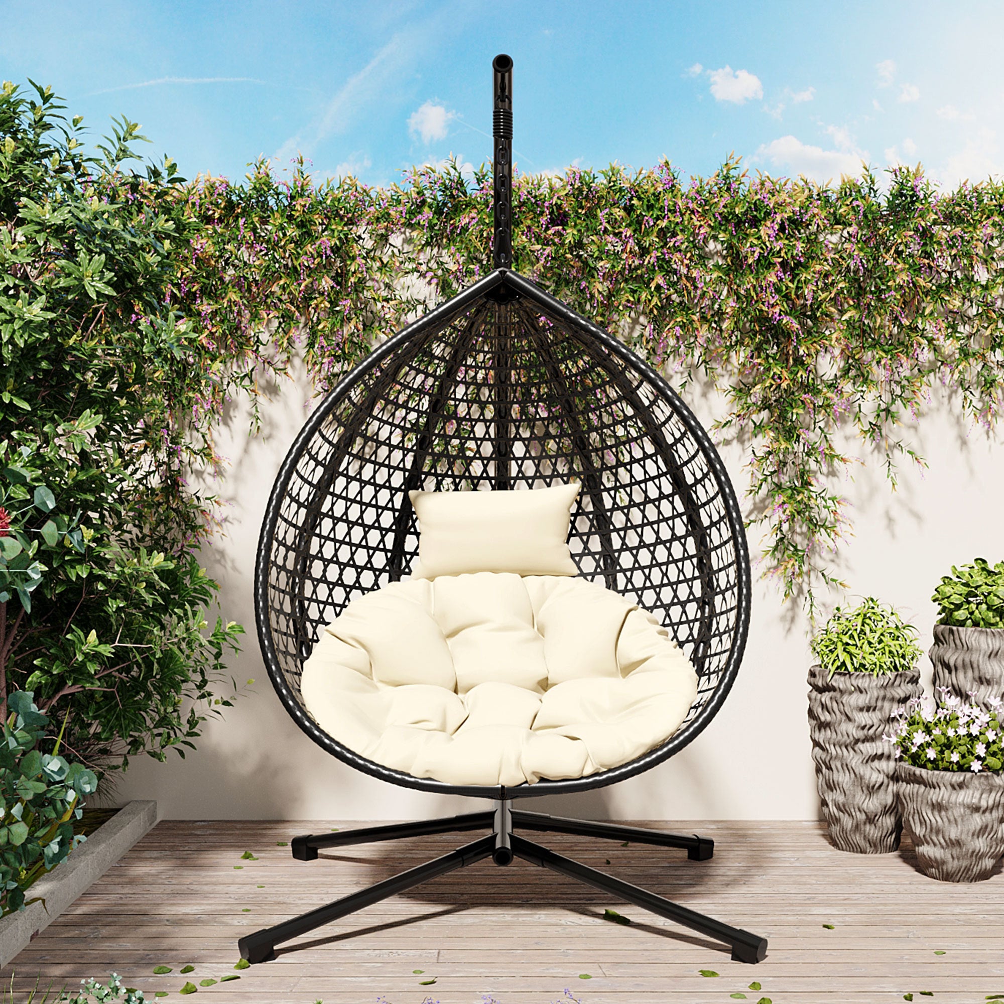 Walker Edison Rattan Hanging Egg Hammock Chair - Thumbnail 3