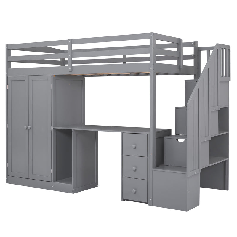 Walker Edison | Twin Size Loft Bed with Wardrobe and Staircase, Desk and Storage