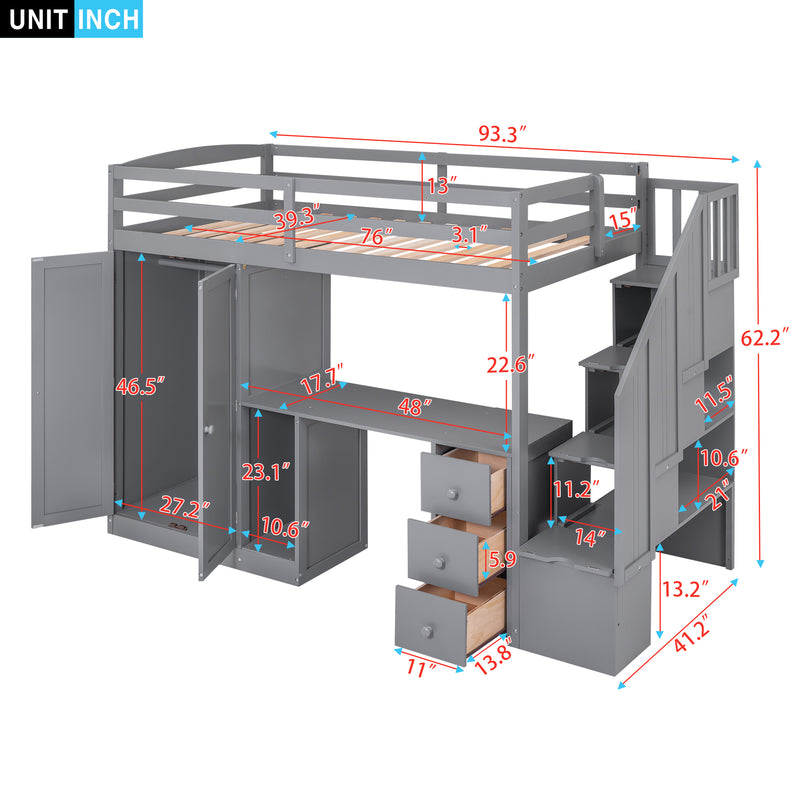 Walker Edison | Twin Size Loft Bed with Wardrobe and Staircase, Desk and Storage