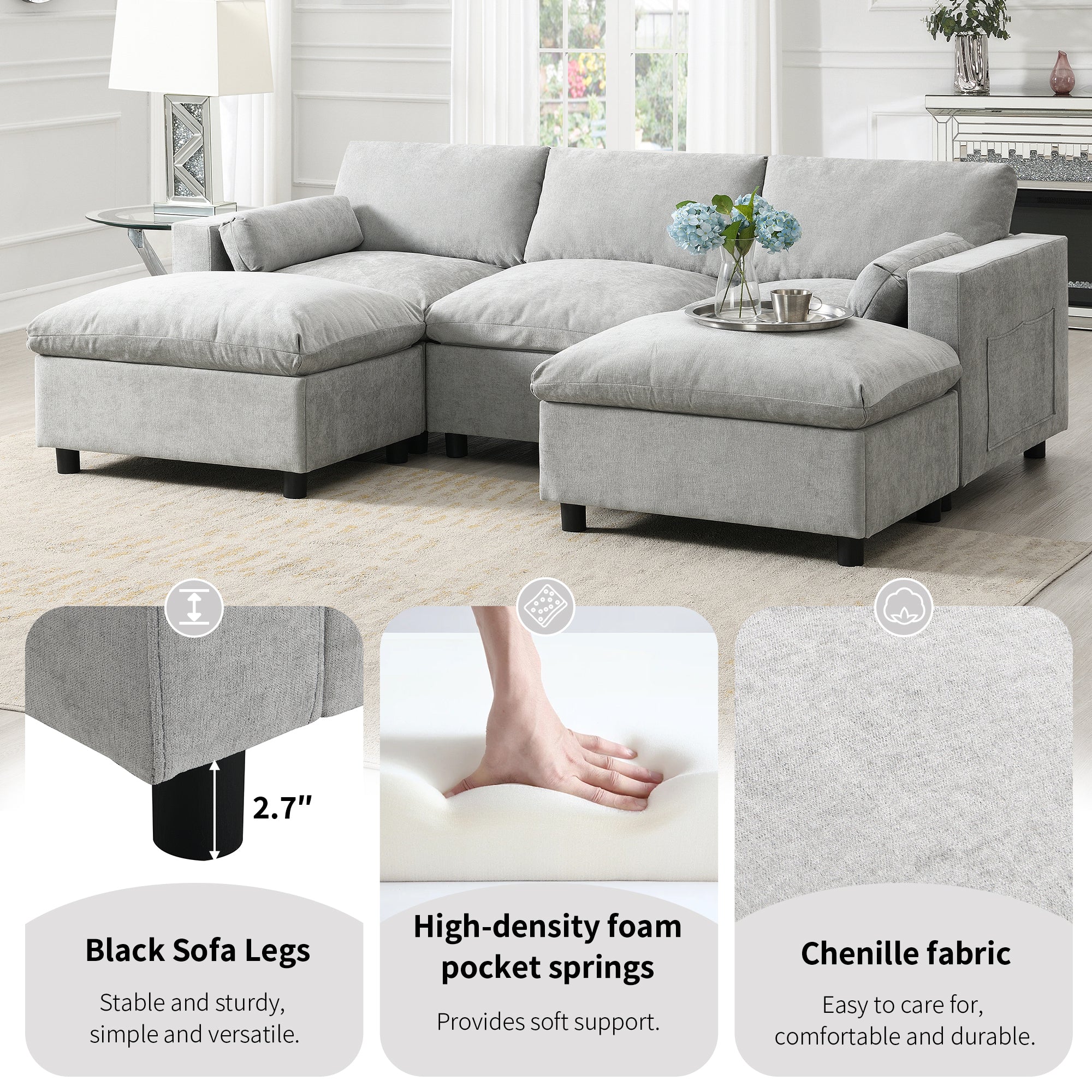 Walker Edison | Modern Cloud Chenille Modular Sectional Sofa with Stor