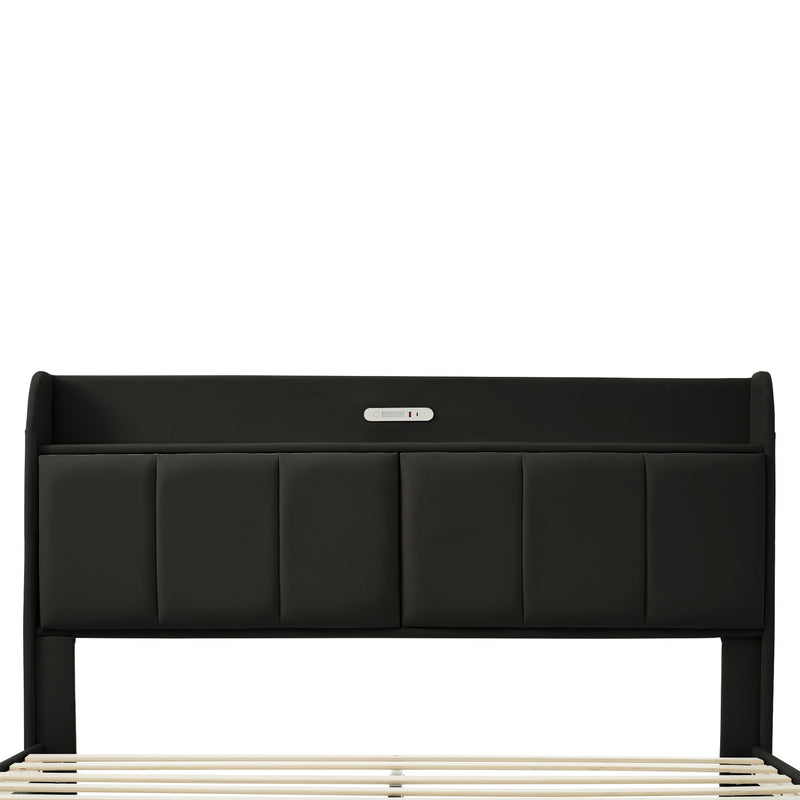 Walker Edison | Modern Upholstered Platform Queen Bed with Floating Bed Frame & Storage Headboard