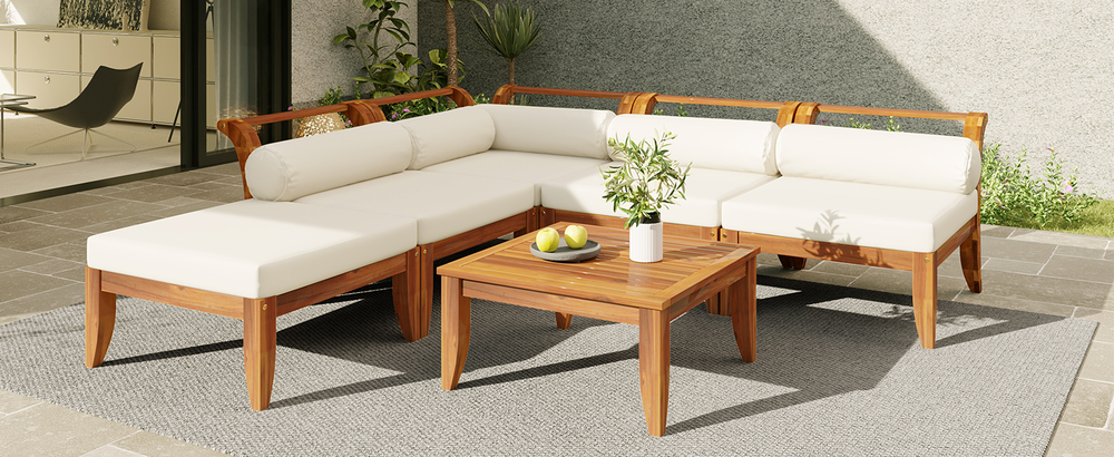 Walker Edison | Acacia Wood Outdoor Modular 6 Piece Sectional Sofa Set