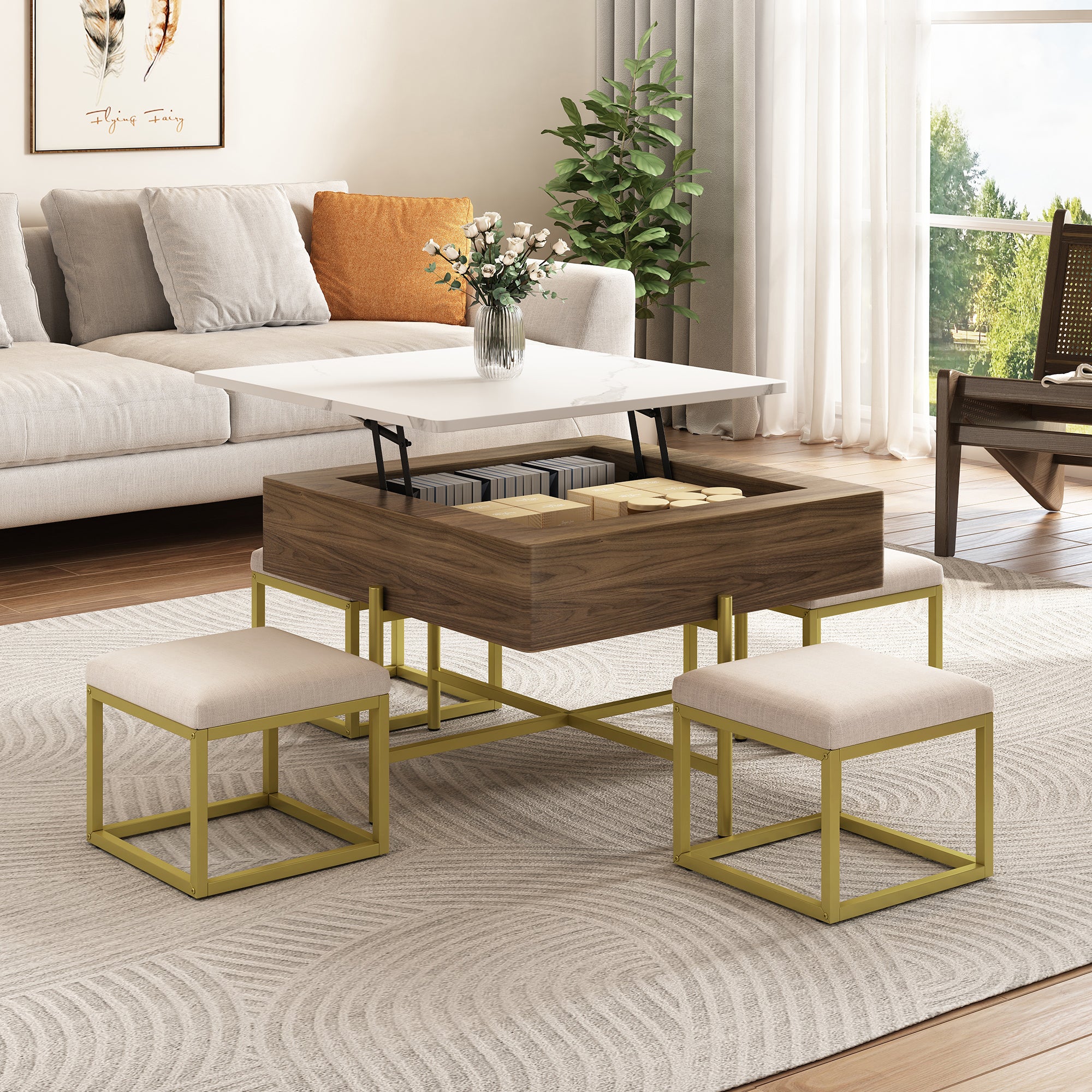 Walker Edison | Modern Square Lift-Top Coffee Table Set with 4 Ottoman