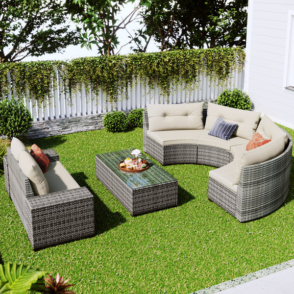 Walker Edison | 8-pieces Outdoor Wicker Round Sofa Set