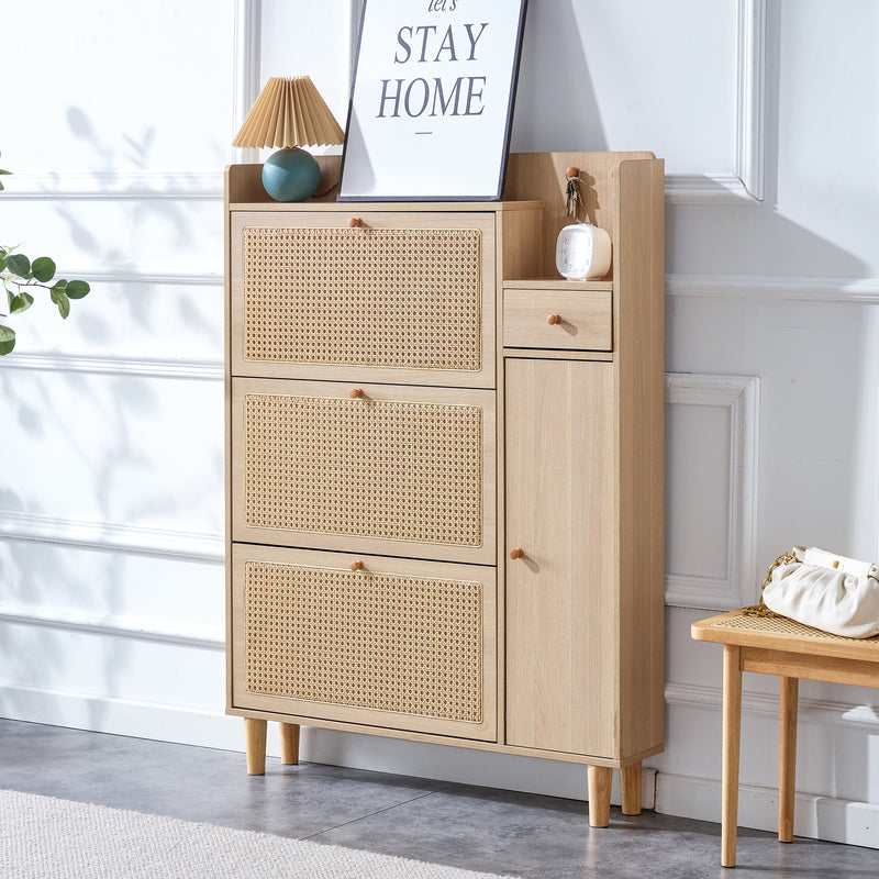 Walker Edison | Rattan Minimalist Entryway Storage Shoe Cabinet