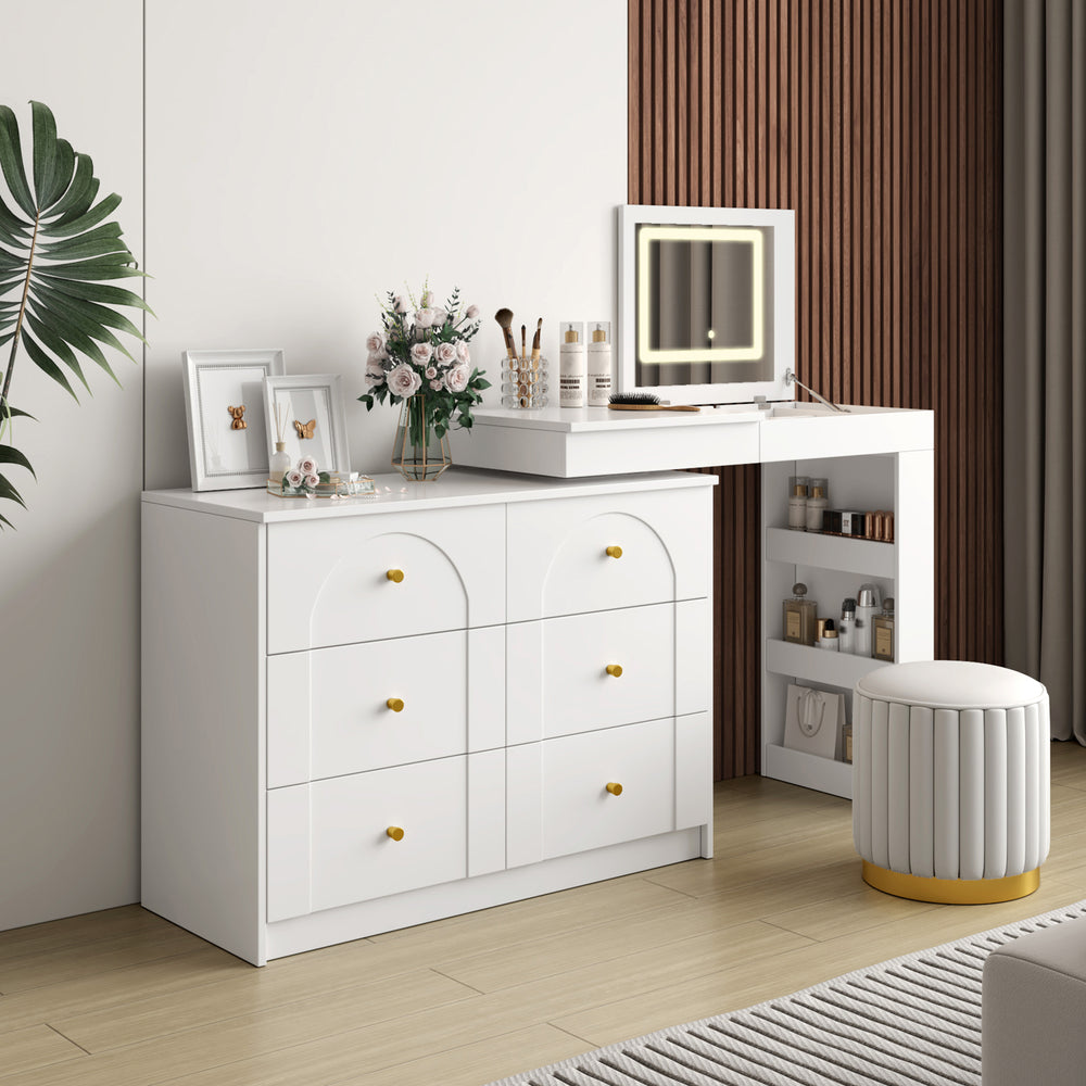 White Multi-Functional Vanity Desk Dresser Set with Flip Mirror and Lights