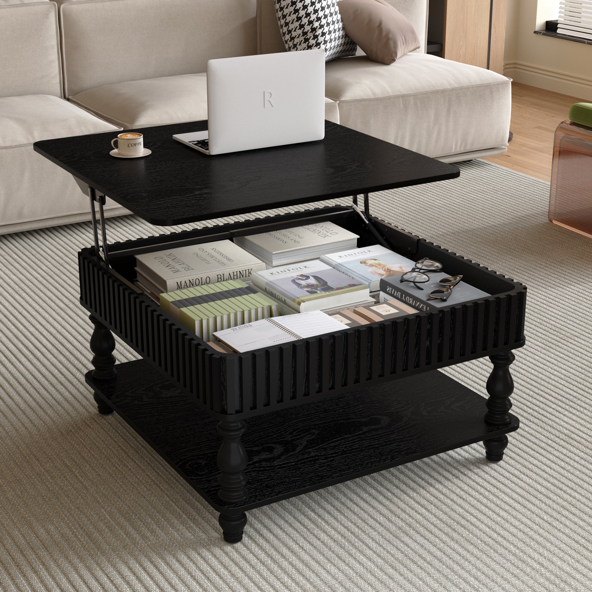 Lift-Top Elevated Traditional Fluted Coffee Table | Walker Edison