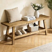 Farmhouse Entryway Wooden Bench with Open Storage Shelf