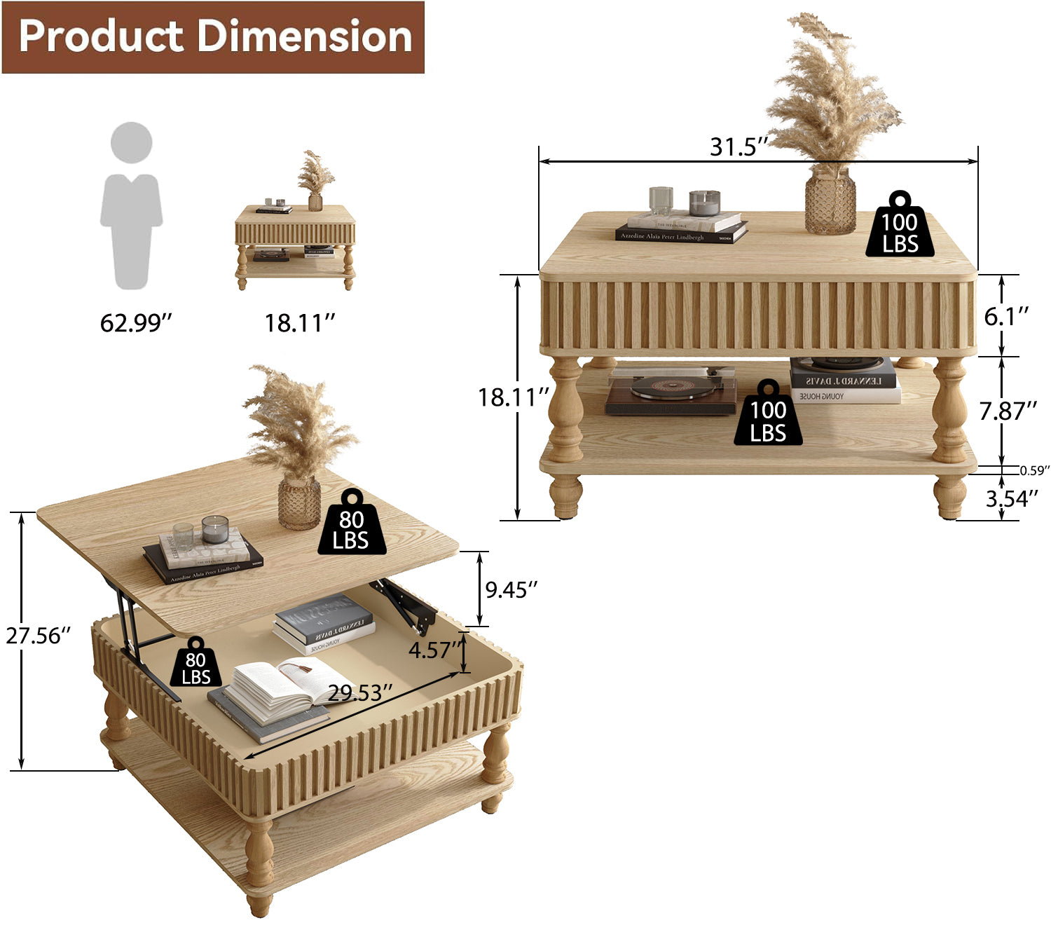 Lift-Top Elevated Traditional Fluted Coffee Table | Walker Edison
