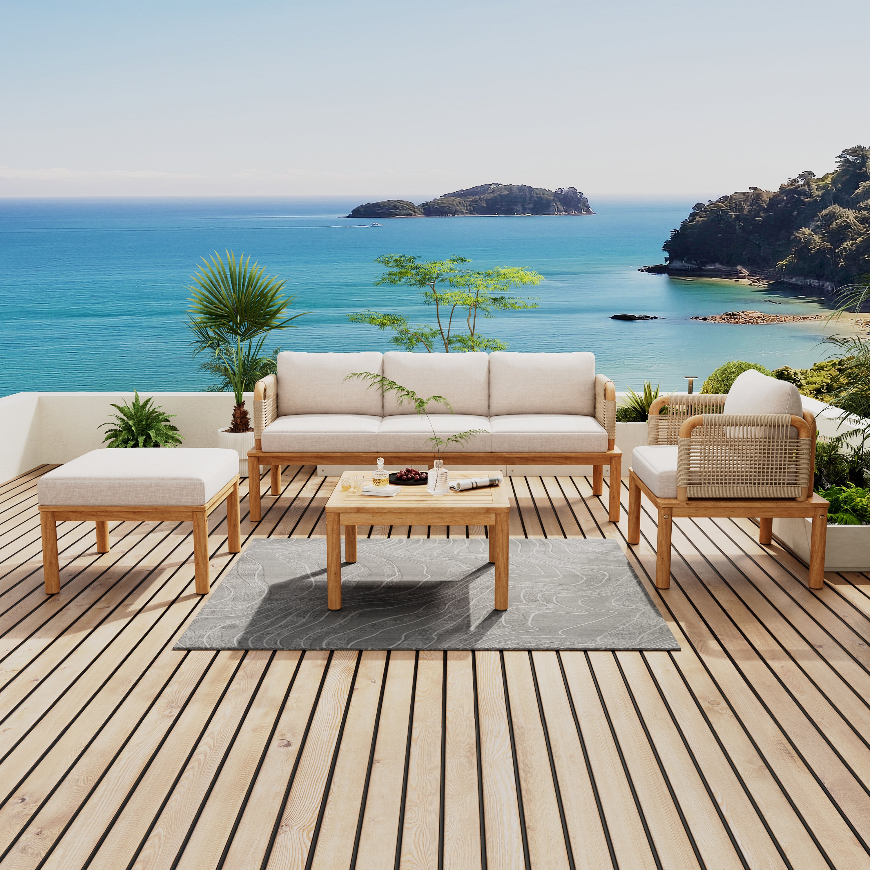 Walker Edison | Outdoor 4-piece Acacia Wood and Rope Patio Sofa Set