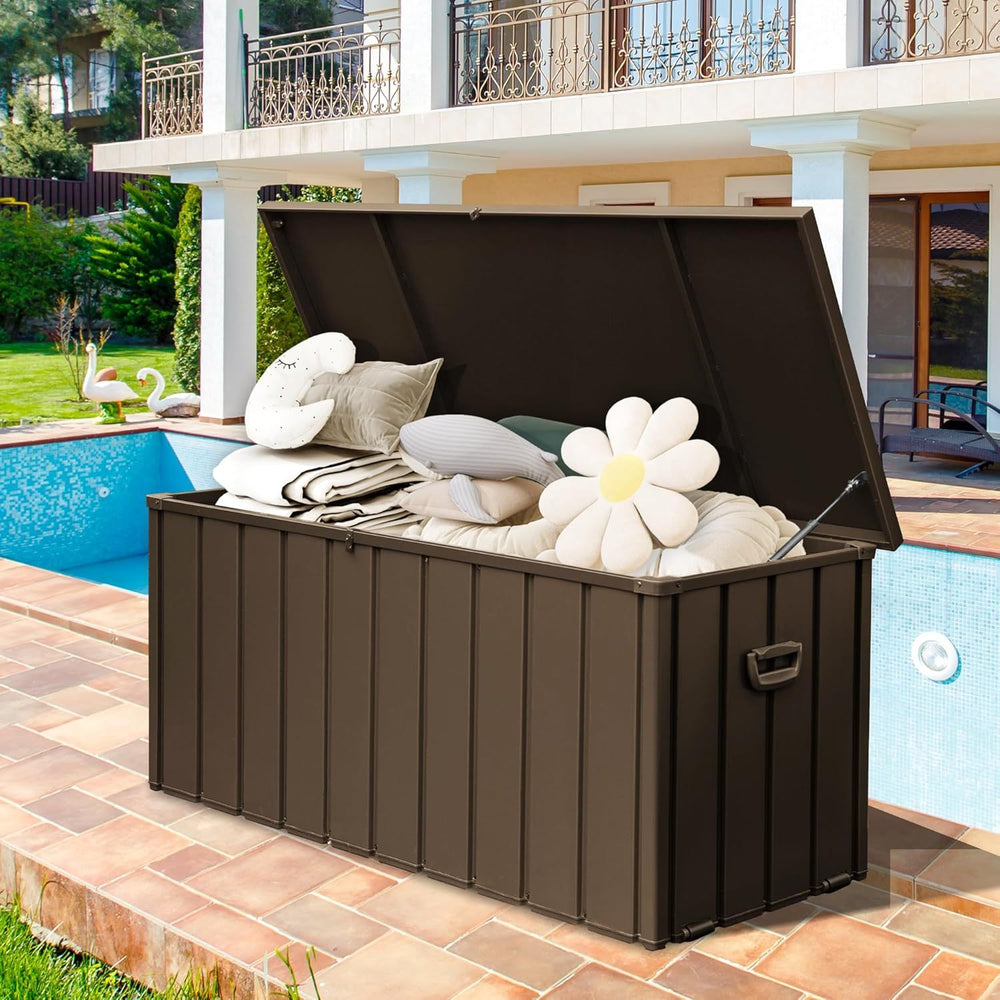 Waterproof Steel Outdoor Box 190 Gallon Metal Deck Storage Box Dark Brown