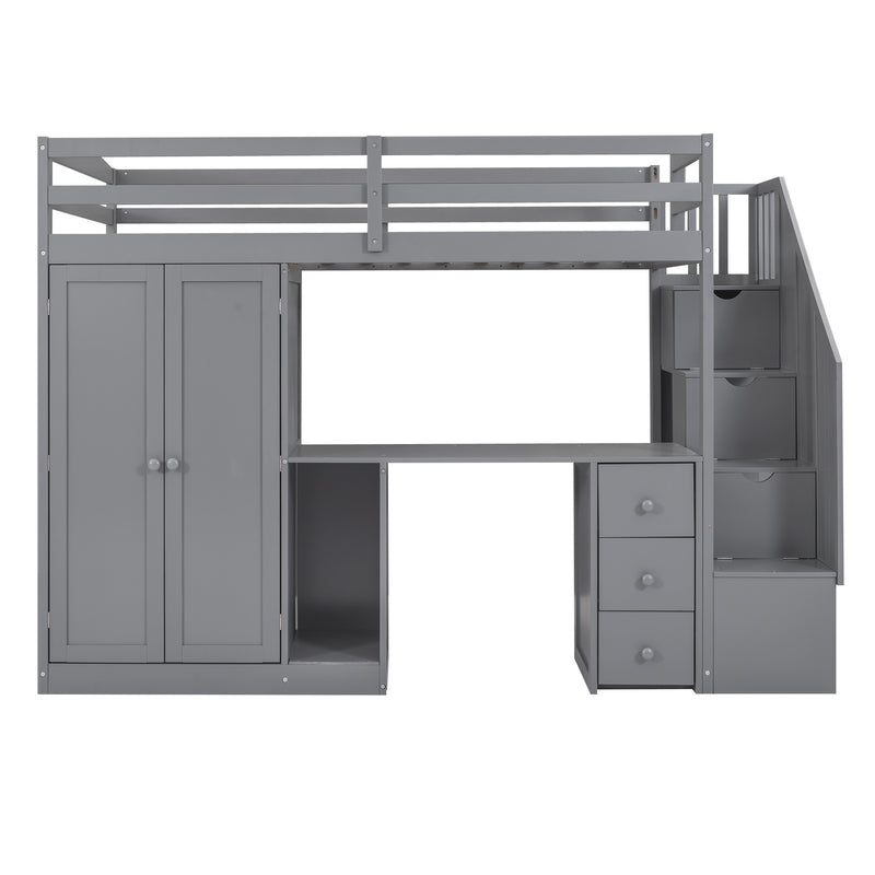 Walker Edison | Twin Size Loft Bed with Wardrobe and Staircase, Desk and Storage