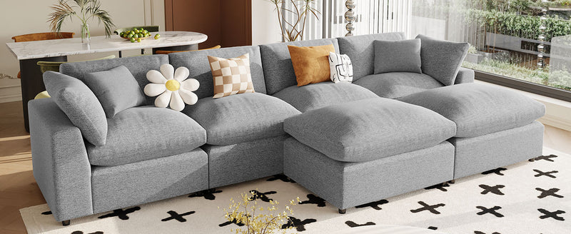 Walker Edison | Linen Modular 134" U-Shape Sectional Sofa with 2 Ottomans