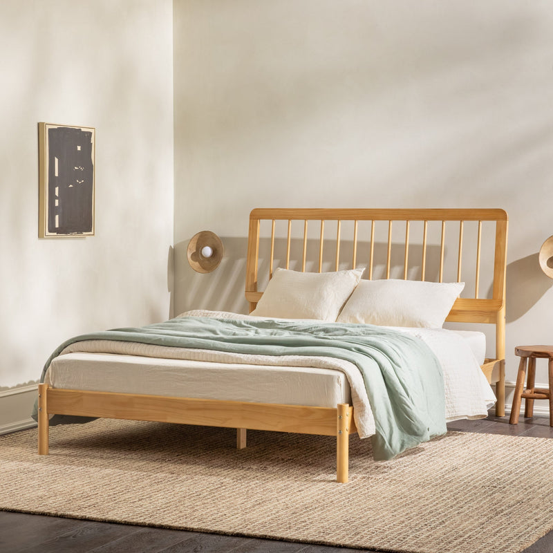 Mid-Century Modern Slatted Solid Wood Queen Bedframe Living Room Walker Edison Natural Pine 