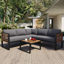 Minimalist Metal and Wood 4 Pieces Outdoor Patio L-Shape Sectional Couch with Coffee Table