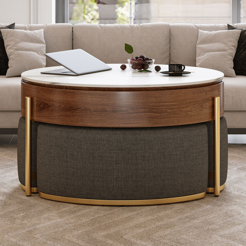 Walker Edison | Modern Lift-Top Round Coffee Table with Storage and Nesting  Ottomans, image size:1000x1000