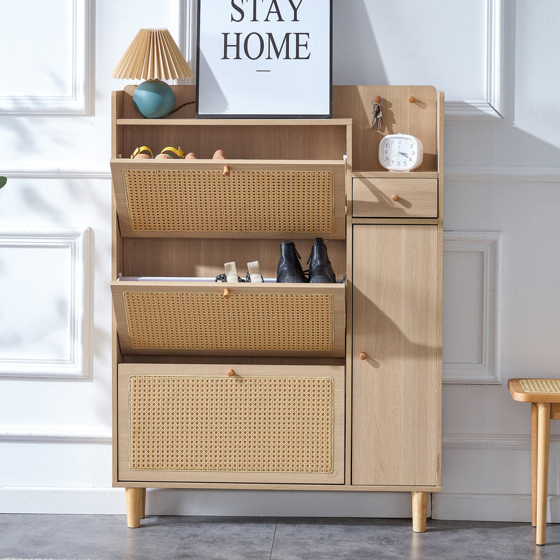 Walker Edison | Rattan Minimalist Entryway Storage Shoe Cabinet