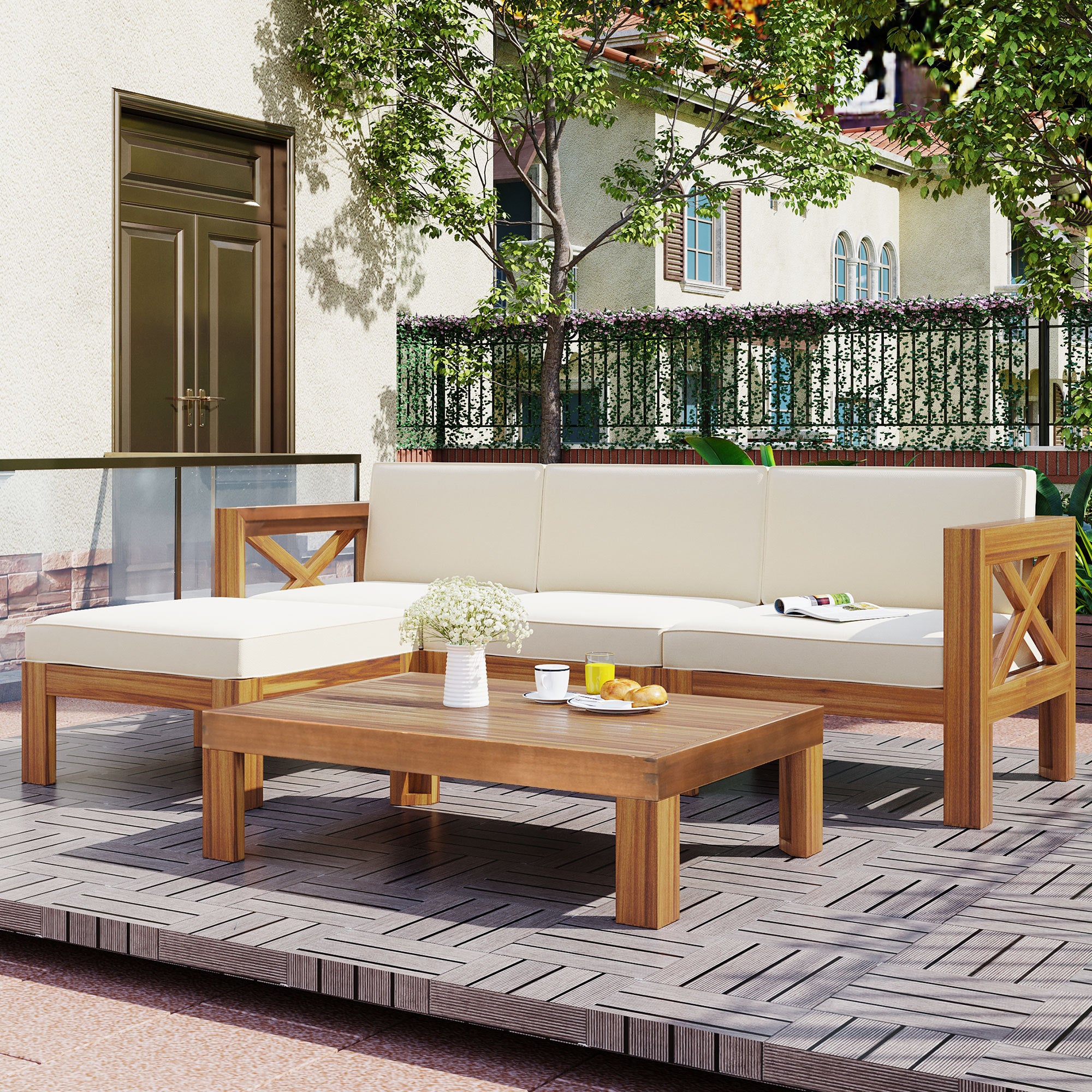 Walker Edison Modular Wood Outdoor Patio Sectional Sofa - Thumbnail 3