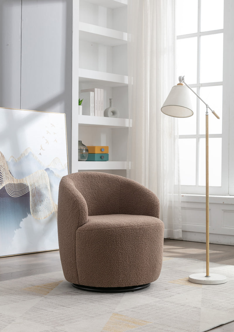 Walker Edison | Teddy Fabric Swivel Accent Armchair Barrel Chair With Black Powder Coating Metal Ring, Coffee Brown