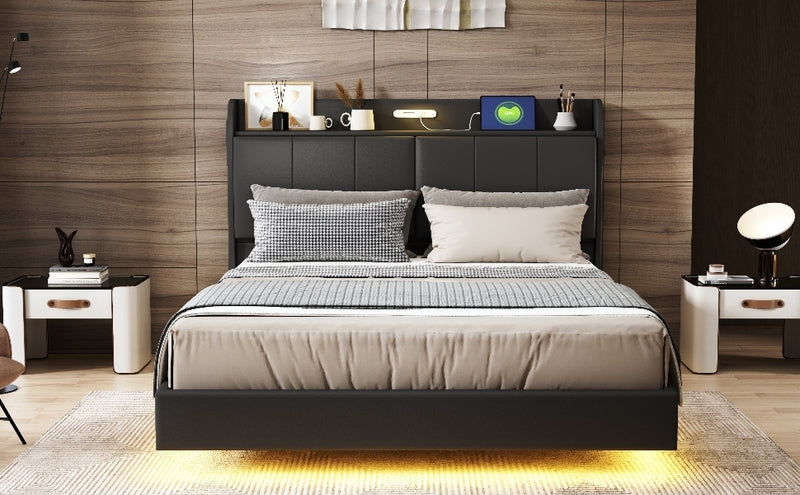 Walker Edison | Modern Upholstered Platform Queen Bed with Floating Bed Frame & Storage Headboard