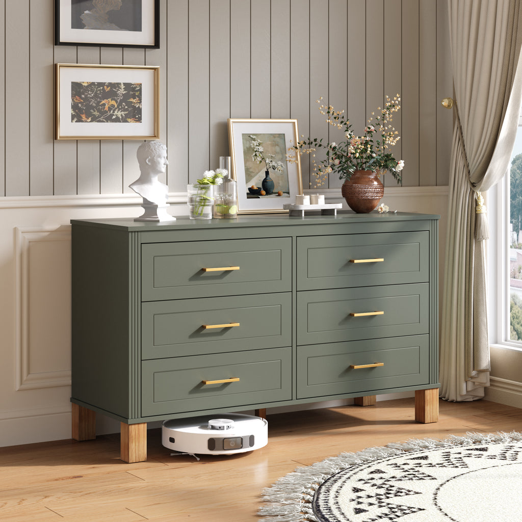 Modern 6-Drawer Dresser with Solid Wood Legs Green