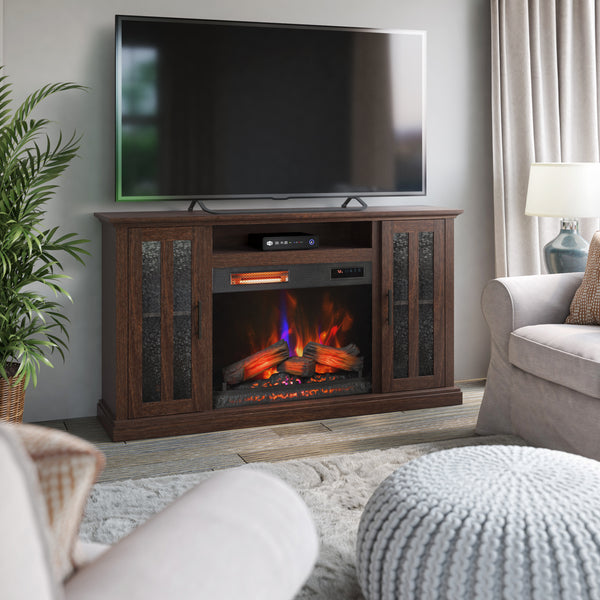 brown farmhouse electric fireplace tv stand in living room with tv on top 