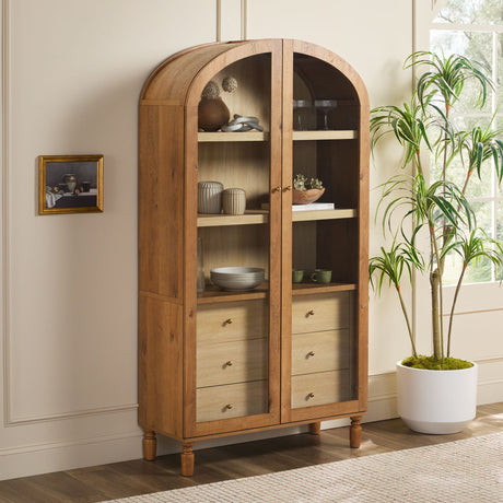 Darci Modern Arched Bookshelf Cabinet with Glass Doors & Inner Drawers