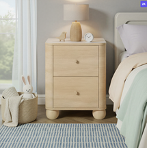 Wooden nightstand with decorative items in a bedroom setting
