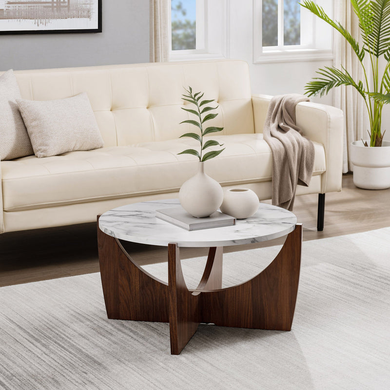 28" Round Coffee Table with Open Crossed Arch Base Living Room Walker Edison Calacatta Marble/Dark Walnut 