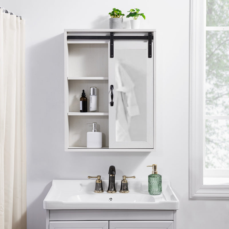 Bathroom Wall-Mounted Medicine Cabinet Organizer with Sliding Barn Door-White