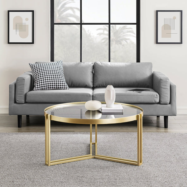 Glam Round Glass and Metal Tri-Leg Coffee Table Living Room Walker Edison 