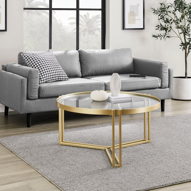 Glam Round Glass and Metal Tri-Leg Coffee Table Living Room Walker Edison Gold Gold 