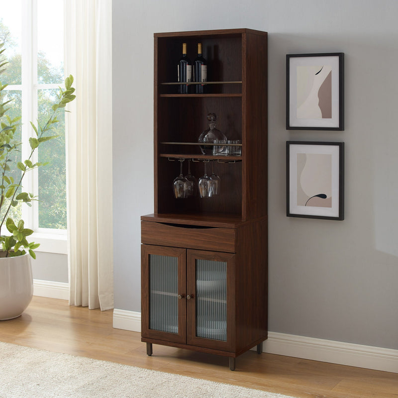 72" Wood Bar Cabinet with wine storage and Hutch Living Room Walker Edison Dark Walnut/Black 