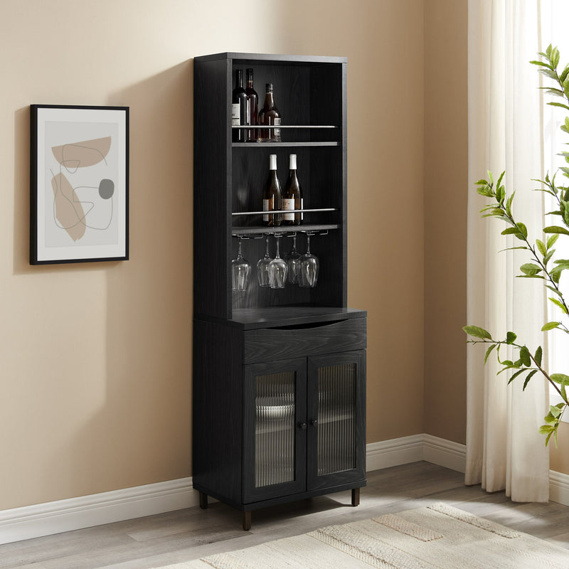 72" Wood Bar Cabinet with wine storage and Hutch Living Room Walker Edison Graphite/Antique Bronze 