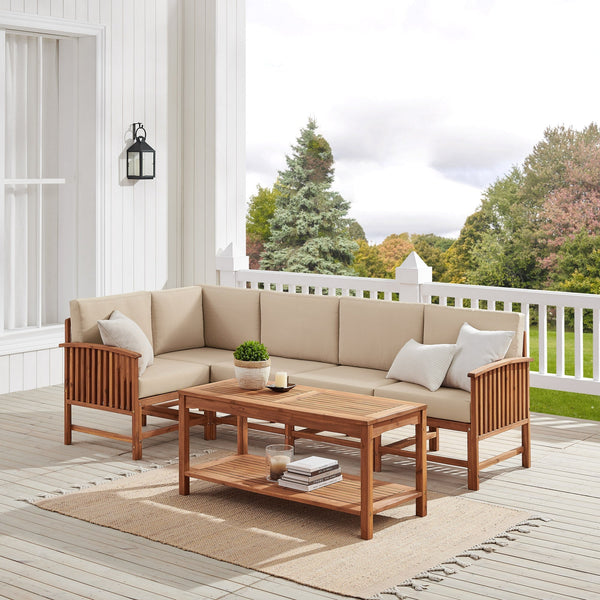 6-Piece Transitional Slatted Acacia Outdoor Corner Sectional with Coffee Table Living Room Walker Edison Brown 