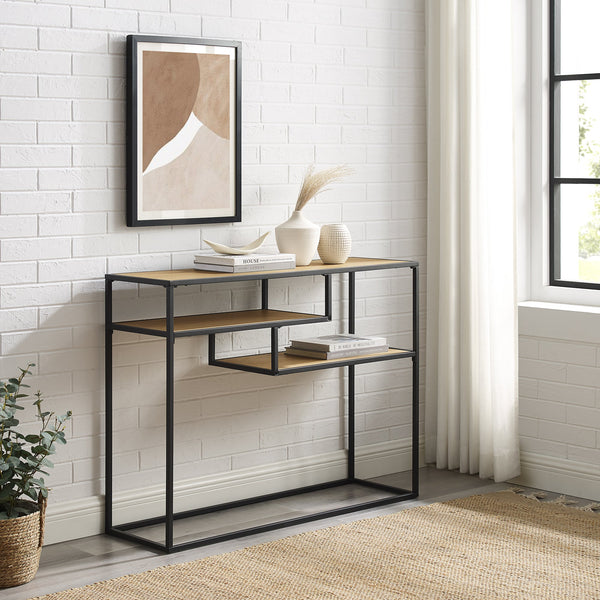 42" Metal and Wood Tiered Shelf Entry Table Living Room Walker Edison Coastal Oak/Black Dark Walnut/Black 