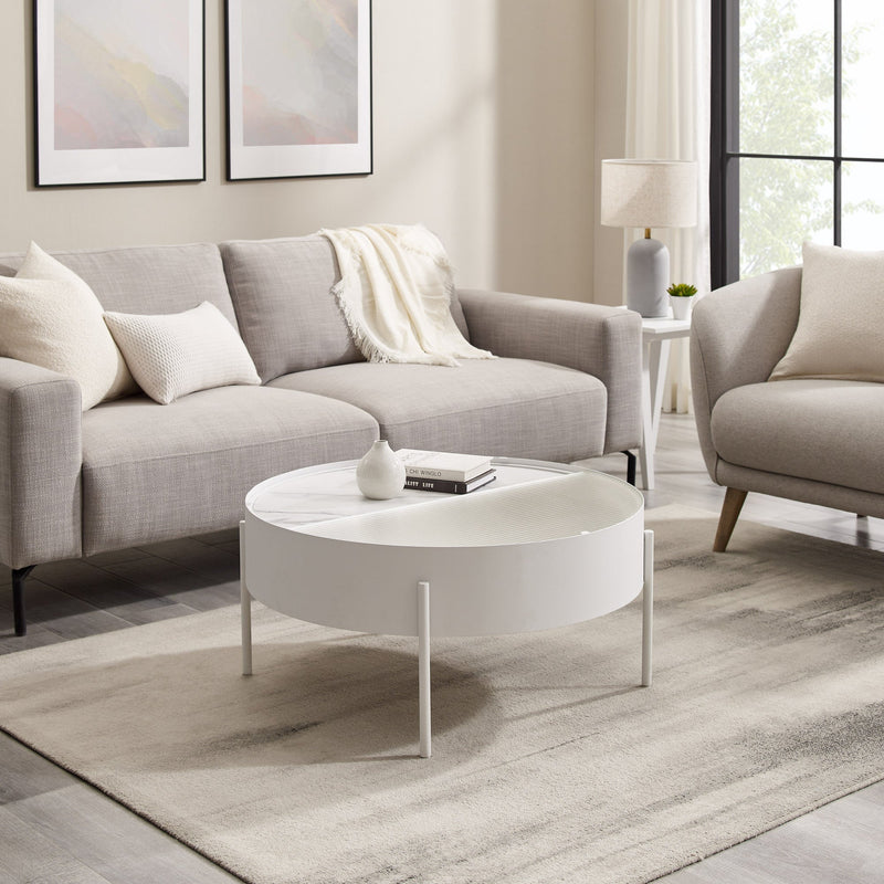 Modern Sliding-Top Coffee Table Living Room Walker Edison White/Fluted Glass/Calacatta Marble 