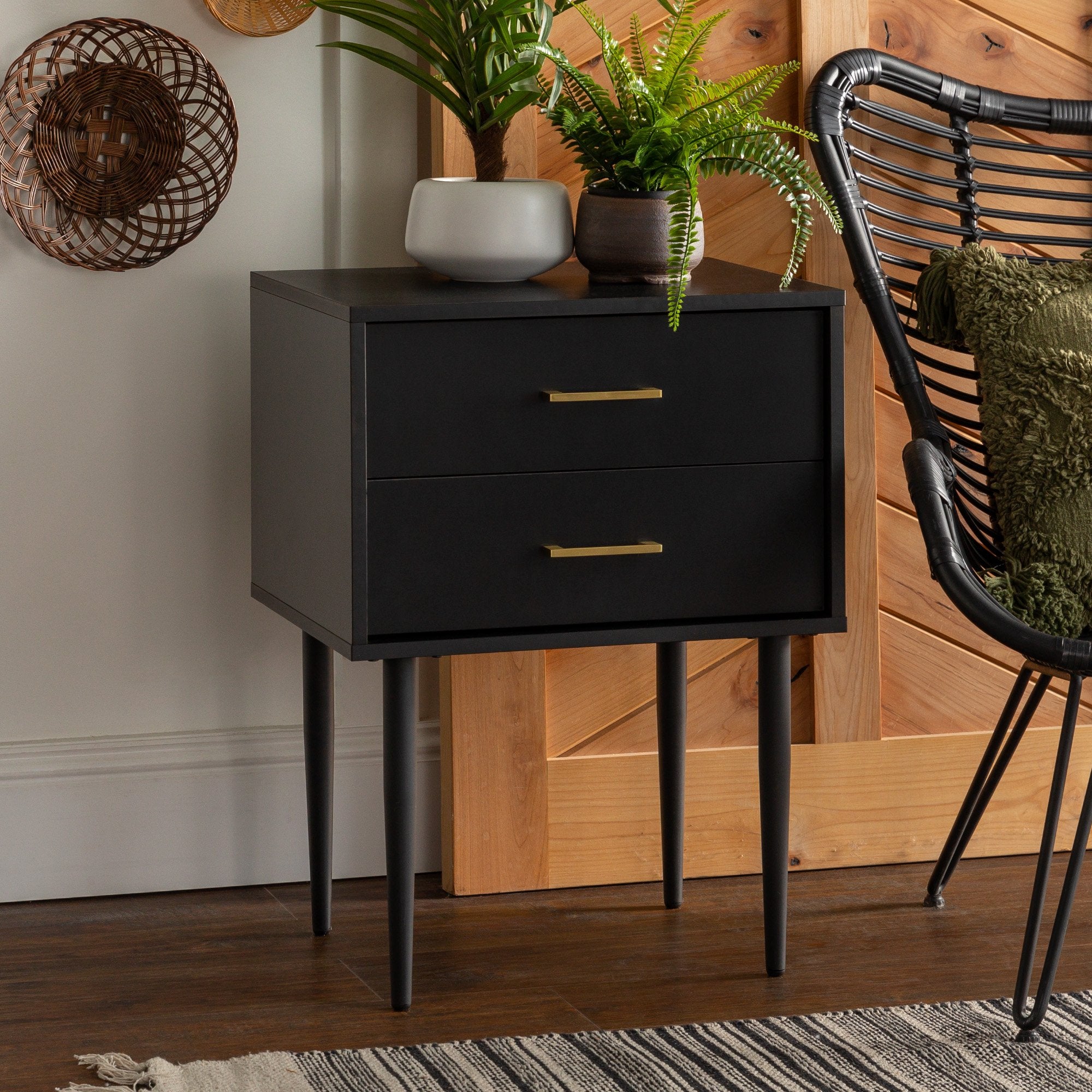 Walker Edison Isla Nachttisch – Aus Massivholz & Glas, 2 Schubladen, 55,9 Cm, Schwarz, Modernes Design